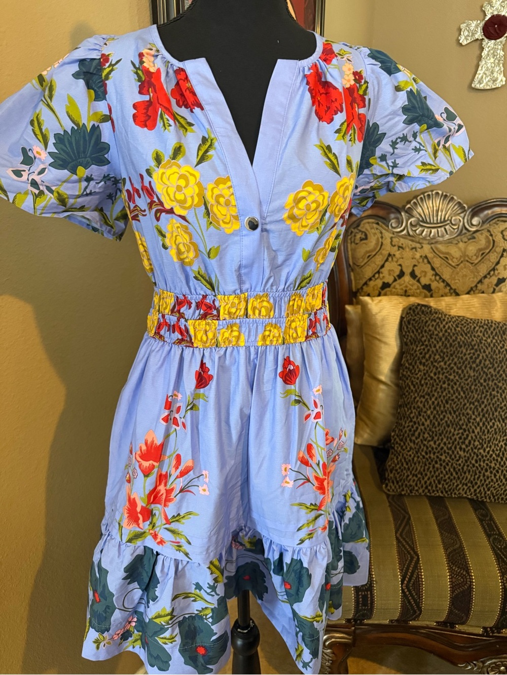 Anthropologie Light Blue Floral Tiered Cotton Dress